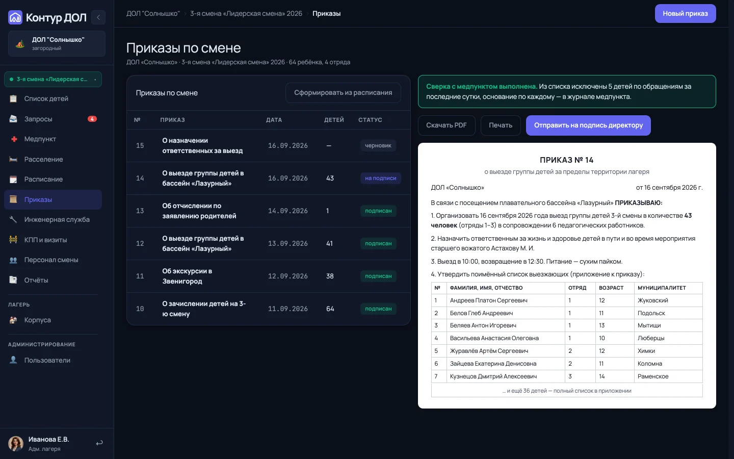Приказ собирается из сверенного состава выезда: ответственные, время, поимённый список — и уходит директору на подпись